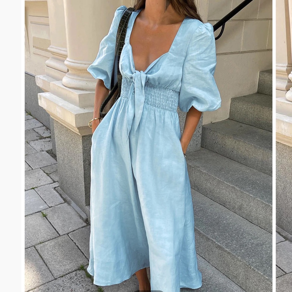Blue linen/cotton front tie midi dress